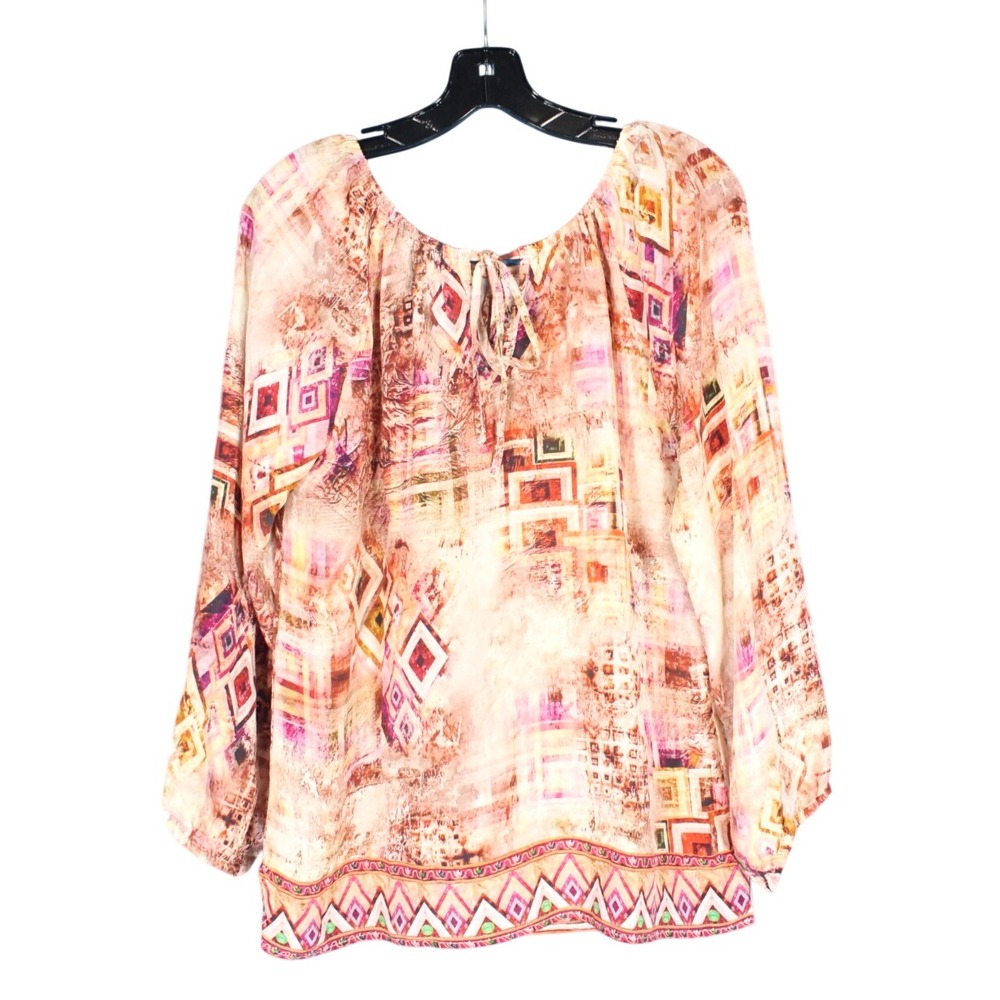 TOLANI Smooth SILK Orange/Pink WATERCOLORS Elastic Tie Neckline BLOUSE/TOP Sz M